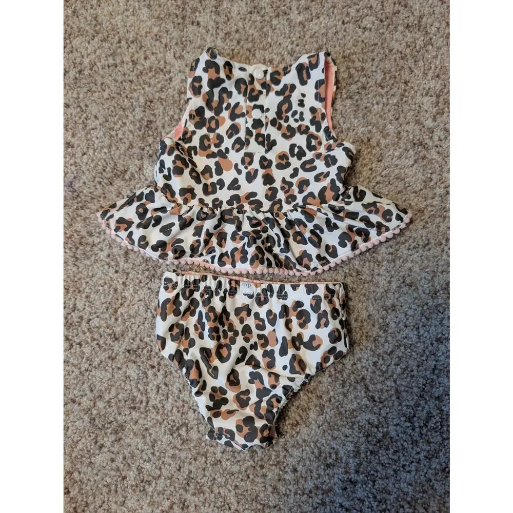 MUD PIE Reversible leopard & pink striped swimsit set; flounce; 6 mos